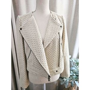 Q Mack Beige Gold Metallic Tweed Zipper Moto Jacket